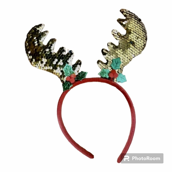 Accessories - Christmas Reindeer Antler Headband Gold Sequin Holly Berries Costume Ac…